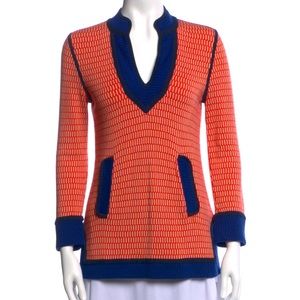 🆕 Vintage Tory Burch Orange Colorblock Pattern V-Neck Sweater / Size: Small